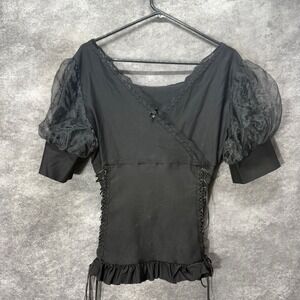 Belle Poque Black Gothic Lace Up Corset Top XL Puff Sleeve Victorian RenFair